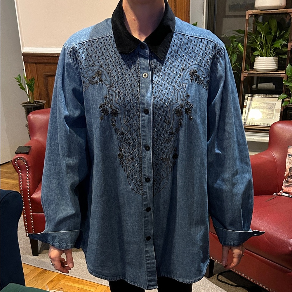 Delta Burke Beaded Denim Shirt with Black Embroidery. Pre-Owned but never worn.